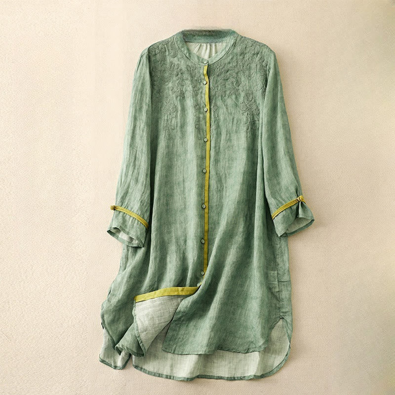 Vestido midi casual de verano con cuello alto y mangas tres cuartos, diseño de Buddha Stones y bordados. - Verde mar medio - US8-10，UK/AU12-14，EU40-42 (2XL) - image 0