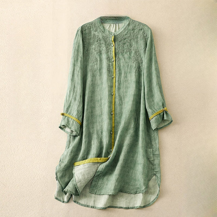 Vestido midi casual de verano con cuello alto y mangas tres cuartos, diseño de Buddha Stones y bordados. - Verde mar medio - US8-10，UK/AU12-14，EU40-42 (2XL) - image 0