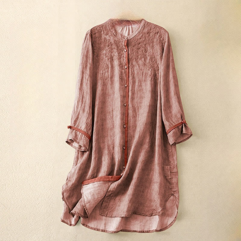Vestido midi casual de verano con cuello alto y mangas tres cuartos, diseño de Buddha Stones y bordados. - Coral claro - US8-10，UK/AU12-14，EU40-42 (2XL) - image 6