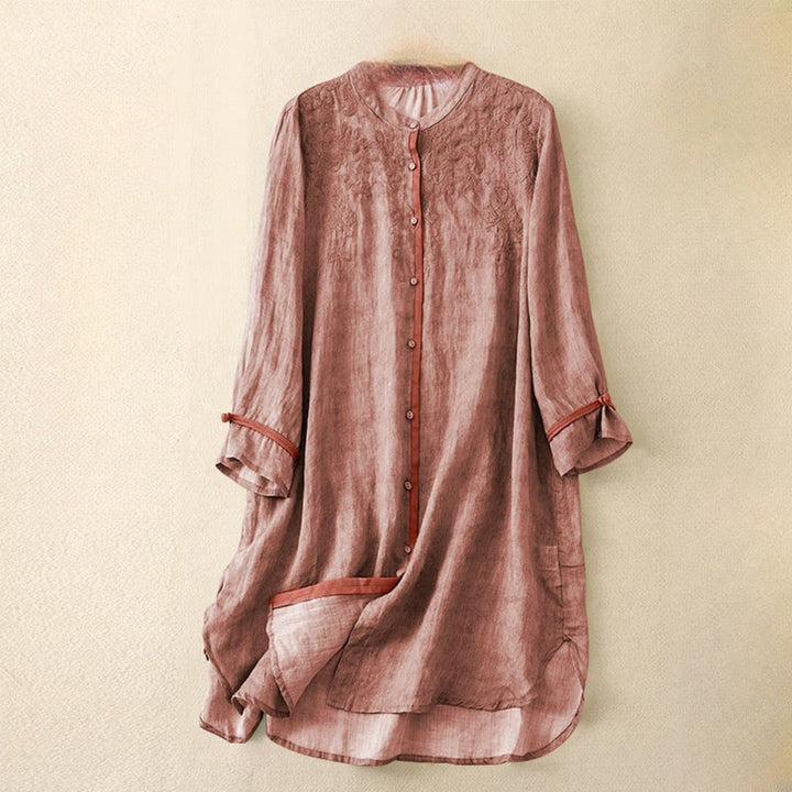 Vestido midi casual de verano con cuello alto y mangas tres cuartos, diseño de Buddha Stones y bordados. - Coral claro - US8-10，UK/AU12-14，EU40-42 (2XL) - image 6