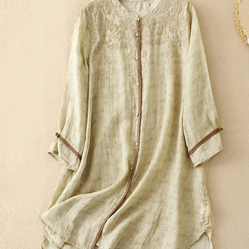 Vestido midi casual de verano con cuello alto y mangas tres cuartos, diseño de Buddha Stones y bordados. - image 9