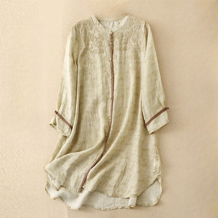 Vestido midi casual de verano con cuello alto y mangas tres cuartos, diseño de Buddha Stones y bordados. - Limón Chiffon - US8-10，UK/AU12-14，EU40-42 (2XL) - image 7