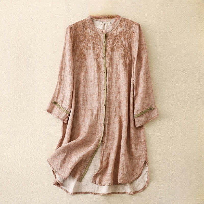 Vestido midi casual de verano con cuello alto y mangas tres cuartos, diseño de Buddha Stones y bordados. - Rosa - US8-10，UK/AU12-14，EU40-42 (2XL) - image 18