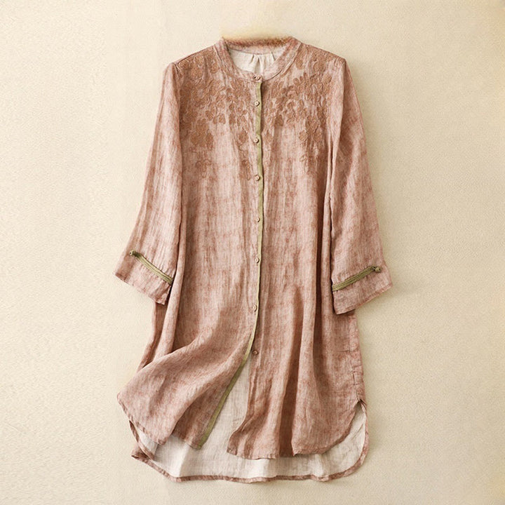 Vestido midi casual de verano con cuello alto y mangas tres cuartos, diseño de Buddha Stones y bordados. - Rosa - US8-10，UK/AU12-14，EU40-42 (2XL) - image 18
