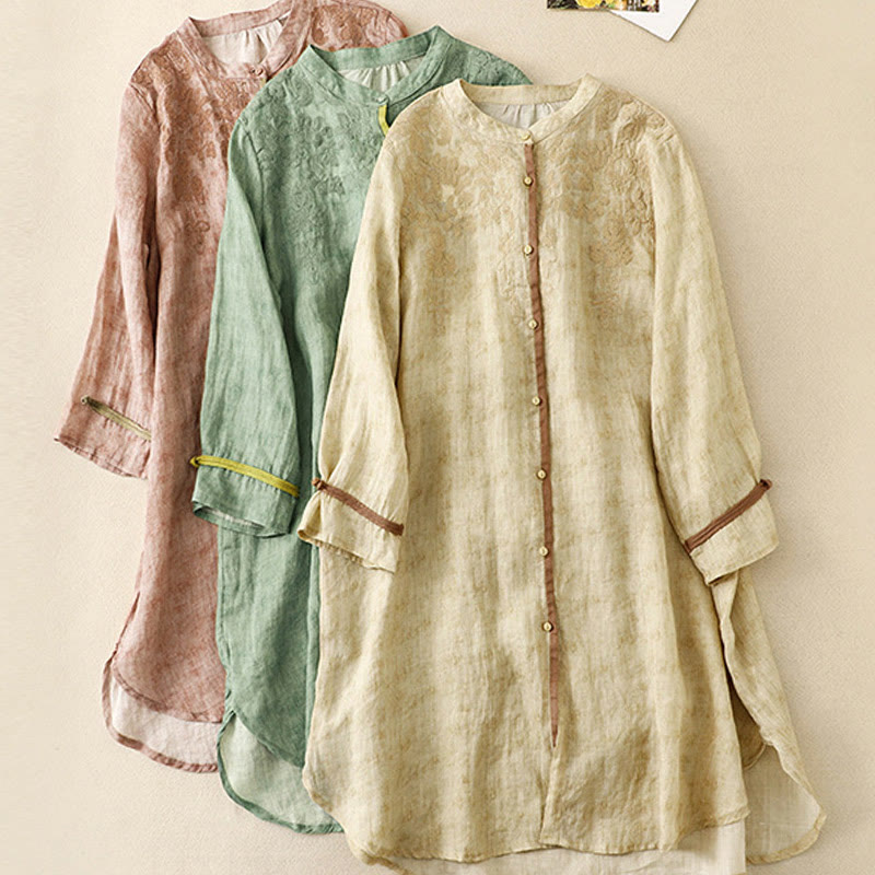 Vestido midi casual de verano con cuello alto y mangas tres cuartos, diseño de Buddha Stones y bordados. - image 23