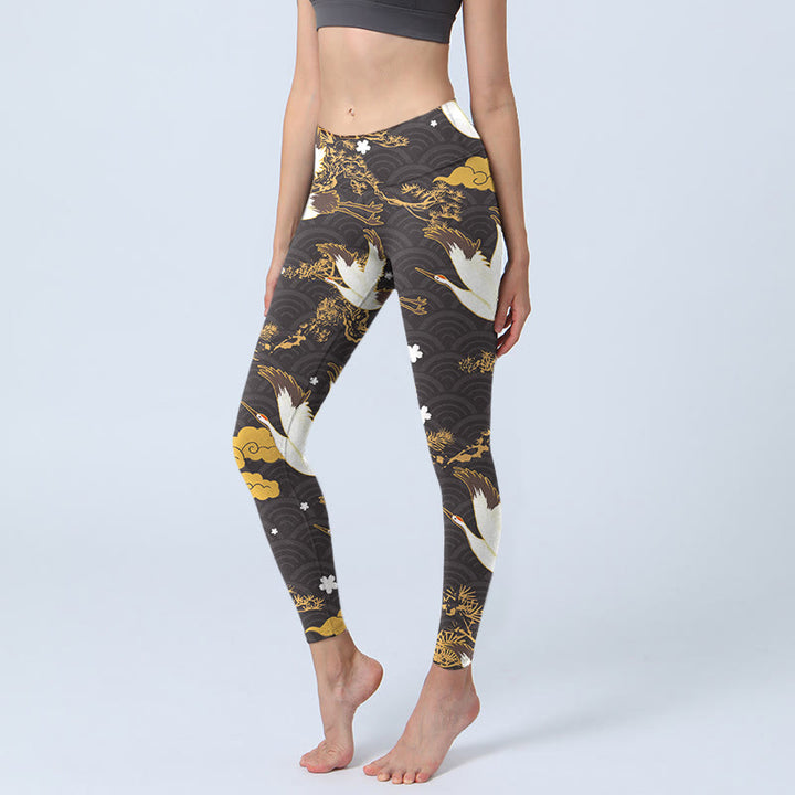 Leggings de yoga para mujer con estampado de grullas, ramas de pino, nubes doradas y Buddha Stones - Negro - US18，UK/AU22，EU50 (4XL) - image 0