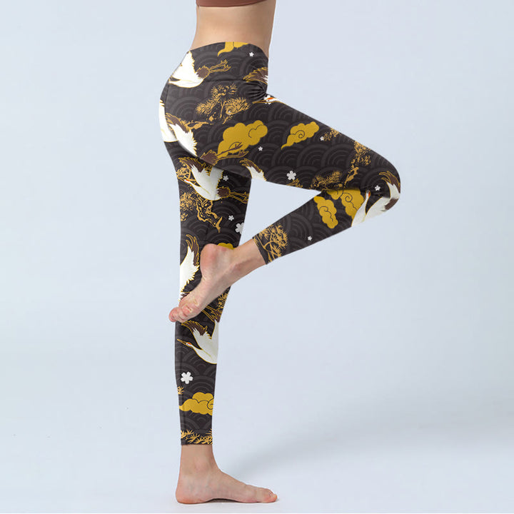 Leggings de yoga para mujer con estampado de grullas, ramas de pino, nubes doradas y Buddha Stones - image 4