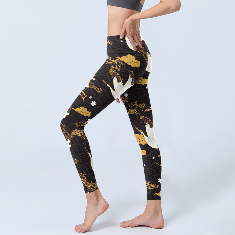 Leggings de yoga para mujer con estampado de grullas, ramas de pino, nubes doradas y Buddha Stones - image 2