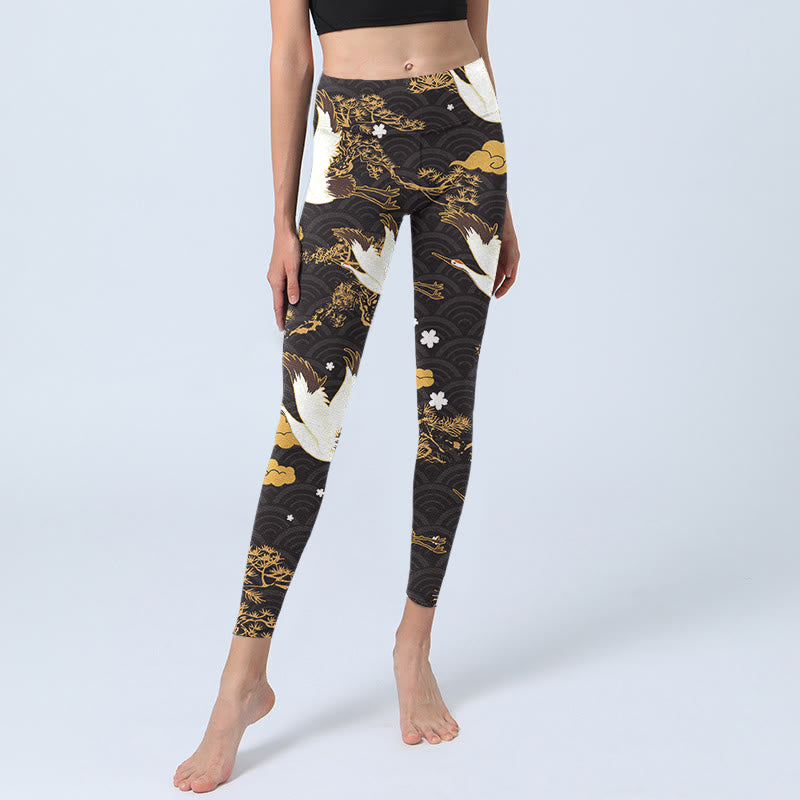 Leggings de yoga para mujer con estampado de grullas, ramas de pino, nubes doradas y Buddha Stones - image 5