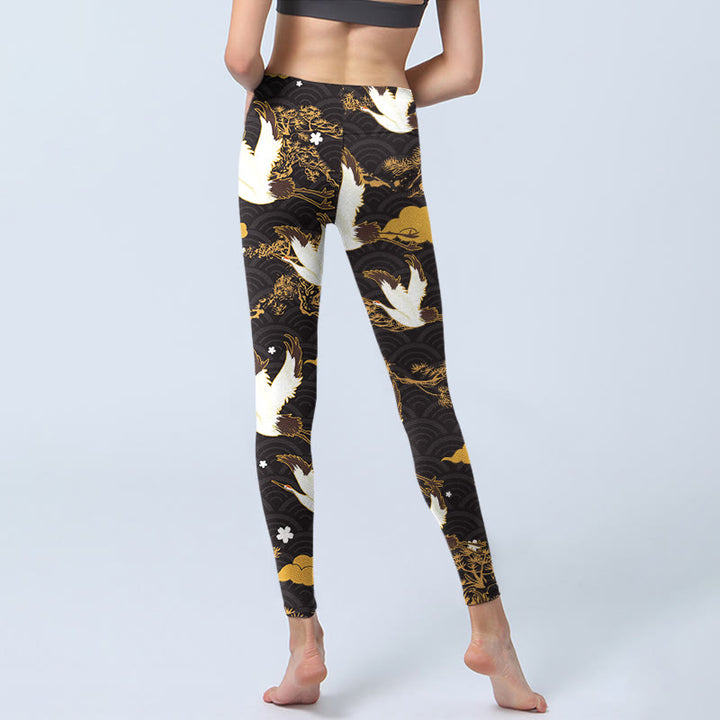 Leggings de yoga para mujer con estampado de grullas, ramas de pino, nubes doradas y Buddha Stones - image 6