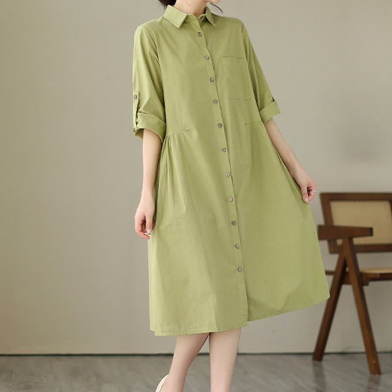 Vestido midi informal de verano con botones lisos y cuello alto, manga tres cuartos, acrílico, con bolsillos y diseño de Buddha Stones