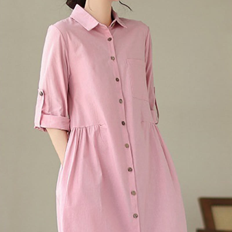 Vestido midi informal de verano con botones lisos y cuello alto, manga tres cuartos, acrílico, con bolsillos y diseño de Buddha Stones