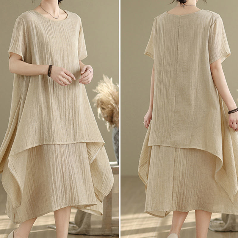 Vestido midi Buddha Stones de verano con diseño sencillo y cuello redondo, manga corta, mezcla de algodón y lino, de doble capa