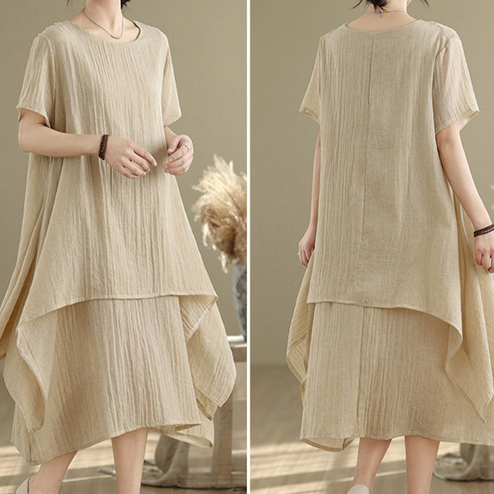 Vestido midi Buddha Stones de verano con diseño sencillo y cuello redondo, manga corta, mezcla de algodón y lino, de doble capa