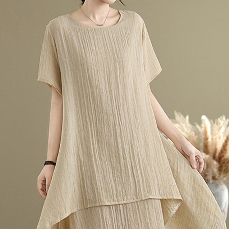 Vestido midi Buddha Stones de verano con diseño sencillo y cuello redondo, manga corta, mezcla de algodón y lino, de doble capa
