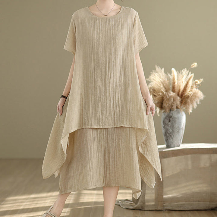 Vestido midi Buddha Stones de verano con diseño sencillo y cuello redondo, manga corta, mezcla de algodón y lino, de doble capa