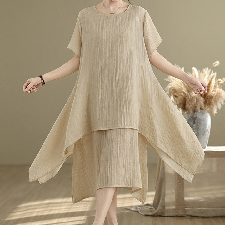 Vestido midi Buddha Stones de verano con diseño sencillo y cuello redondo, manga corta, mezcla de algodón y lino, de doble capa