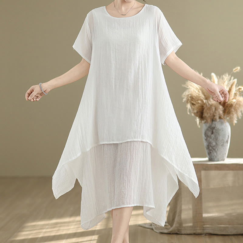 Vestido midi Buddha Stones de verano con diseño sencillo y cuello redondo, manga corta, mezcla de algodón y lino, de doble capa