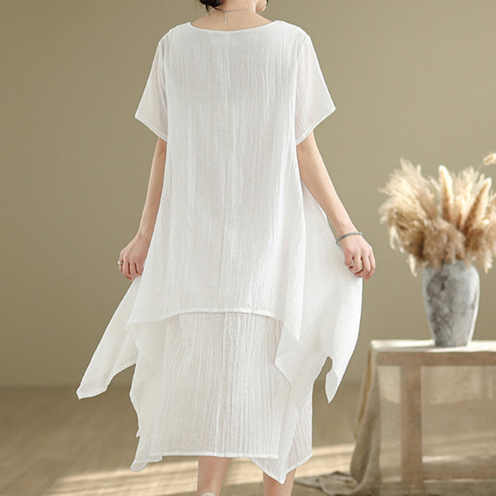 Vestido midi Buddha Stones de verano con diseño sencillo y cuello redondo, manga corta, mezcla de algodón y lino, de doble capa