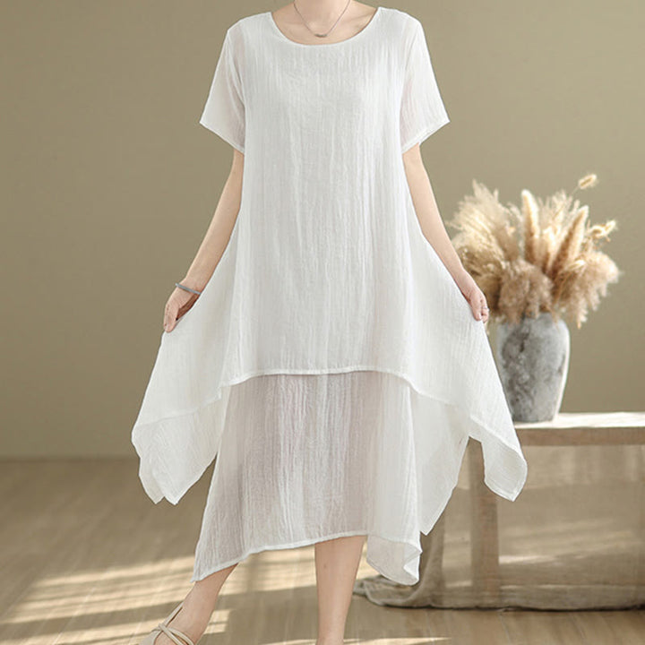 Vestido midi Buddha Stones de verano con diseño sencillo y cuello redondo, manga corta, mezcla de algodón y lino, de doble capa