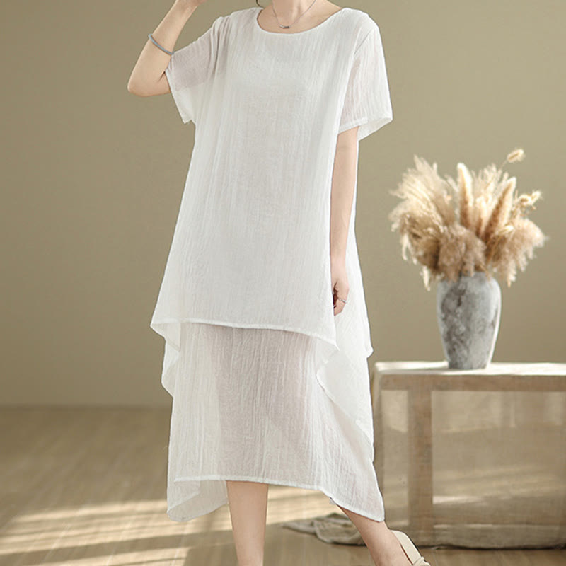 Vestido midi Buddha Stones de verano con diseño sencillo y cuello redondo, manga corta, mezcla de algodón y lino, de doble capa