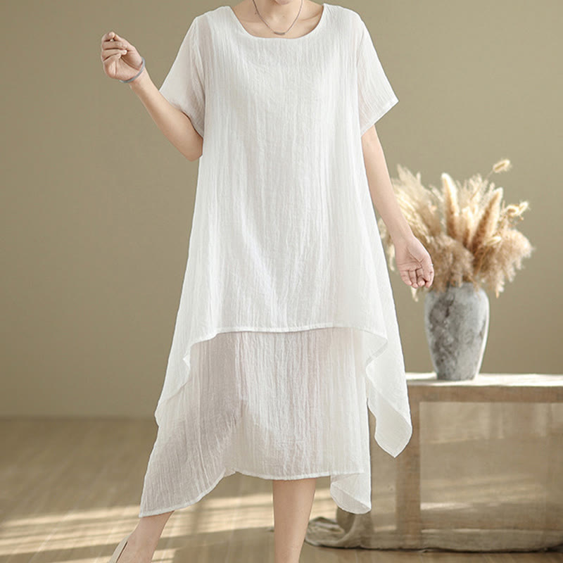 Vestido midi Buddha Stones de verano con diseño sencillo y cuello redondo, manga corta, mezcla de algodón y lino, de doble capa