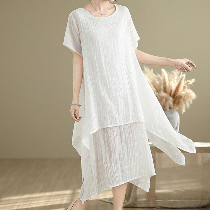 Vestido midi Buddha Stones de verano con diseño sencillo y cuello redondo, manga corta, mezcla de algodón y lino, de doble capa
