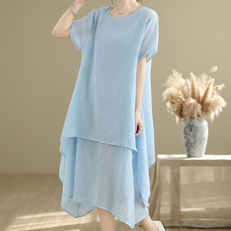 Vestido midi Buddha Stones de verano con diseño sencillo y cuello redondo, manga corta, mezcla de algodón y lino, de doble capa