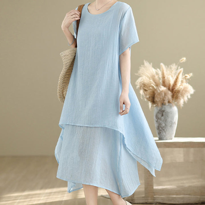 Vestido midi Buddha Stones de verano con diseño sencillo y cuello redondo, manga corta, mezcla de algodón y lino, de doble capa