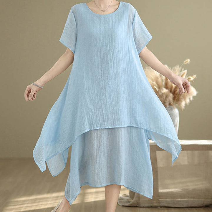 Vestido midi Buddha Stones de verano con diseño sencillo y cuello redondo, manga corta, mezcla de algodón y lino, de doble capa