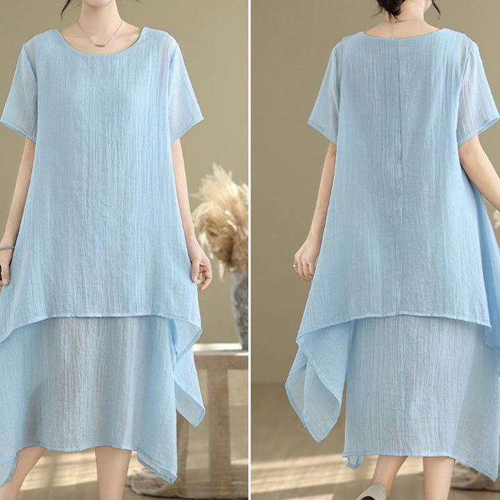 Vestido midi Buddha Stones de verano con diseño sencillo y cuello redondo, manga corta, mezcla de algodón y lino, de doble capa