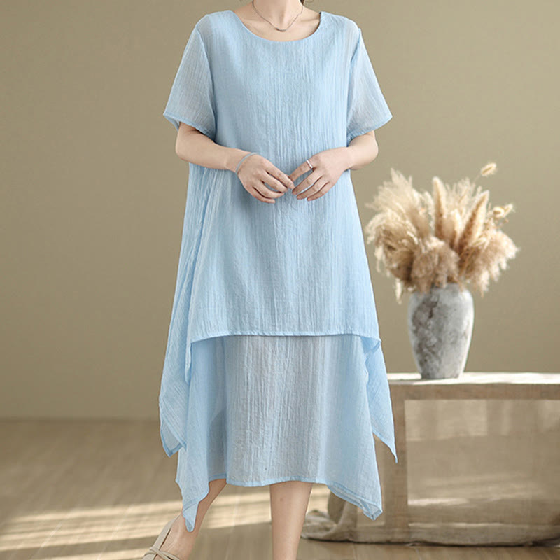 Vestido midi Buddha Stones de verano con diseño sencillo y cuello redondo, manga corta, mezcla de algodón y lino, de doble capa