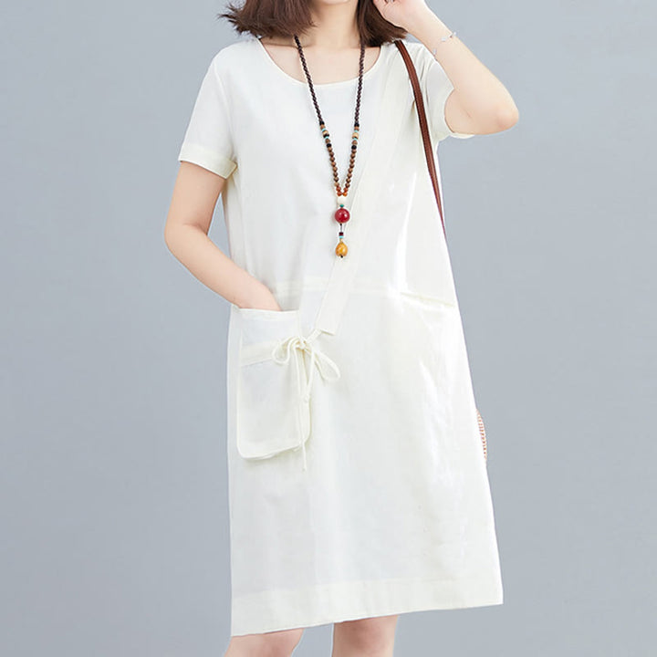 Vestido midi informal de verano con cuello redondo, manga corta, de lino y algodón, con cordones y bolsillos , de Buddha Stones - image 1