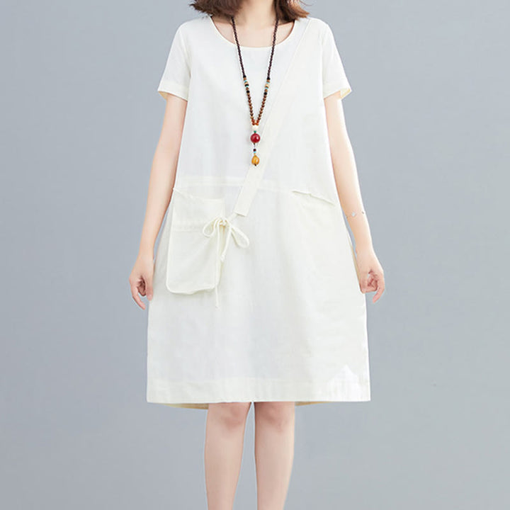 Vestido midi informal de verano con cuello redondo, manga corta, de lino y algodón, con cordones y bolsillos , de Buddha Stones - image 2