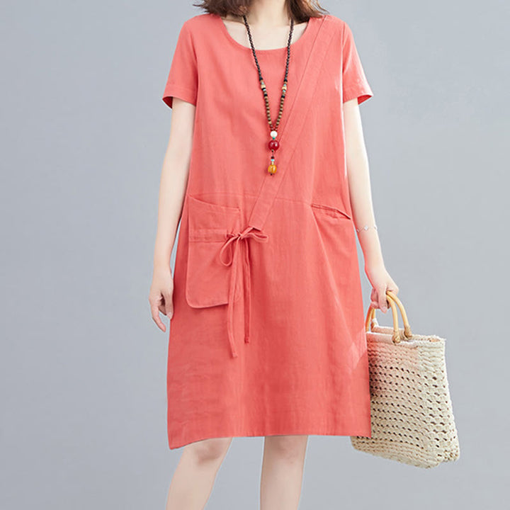 Vestido midi informal de verano con cuello redondo, manga corta, de lino y algodón, con cordones y bolsillos , de Buddha Stones - image 8