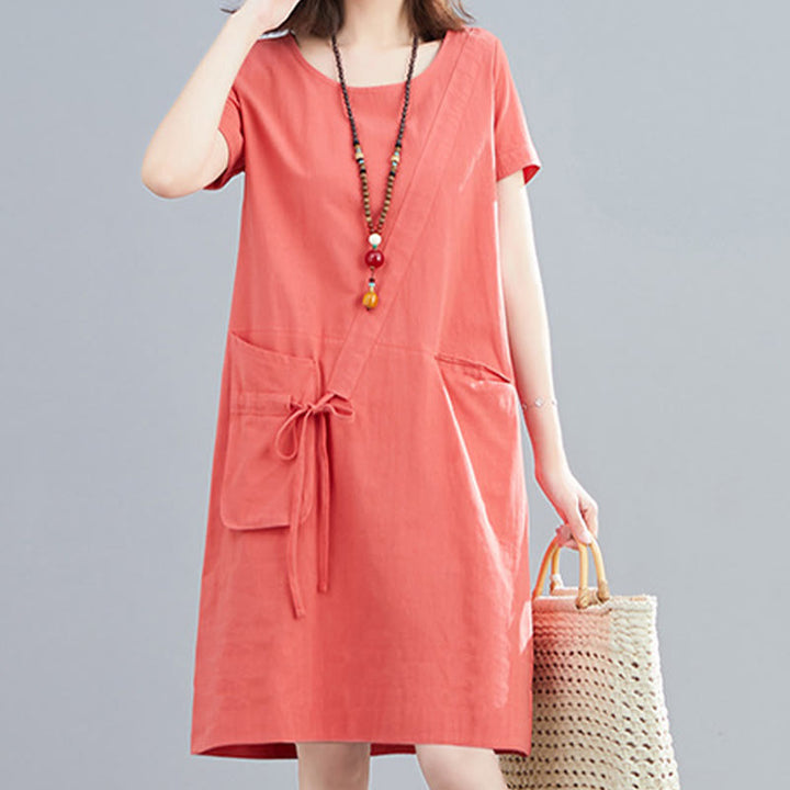 Vestido midi informal de verano con cuello redondo, manga corta, de lino y algodón, con cordones y bolsillos , de Buddha Stones - image 7