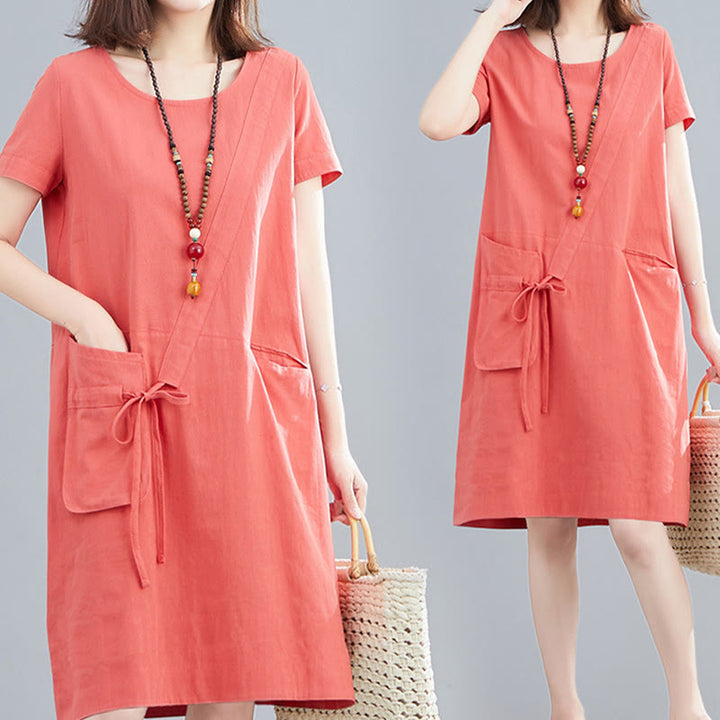 Vestido midi informal de verano con cuello redondo, manga corta, de lino y algodón, con cordones y bolsillos , de Buddha Stones - image 10