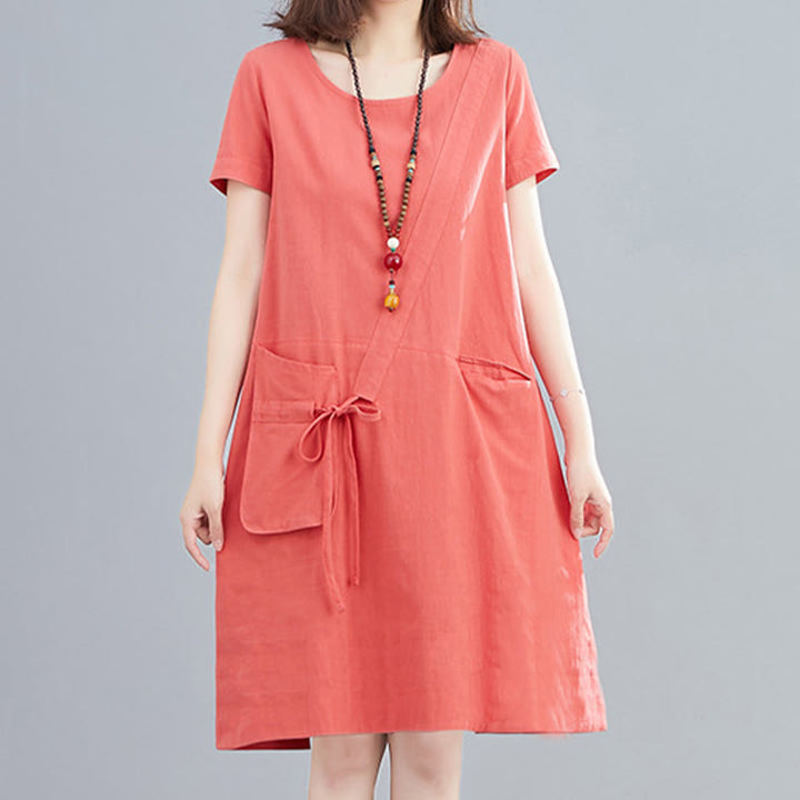 Vestido midi informal de verano con cuello redondo, manga corta, de lino y algodón, con cordones y bolsillos , de Buddha Stones - image 9