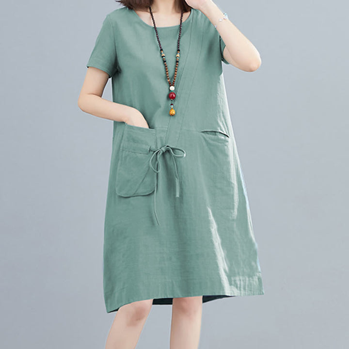 Vestido midi informal de verano con cuello redondo, manga corta, de lino y algodón, con cordones y bolsillos , de Buddha Stones - image 18