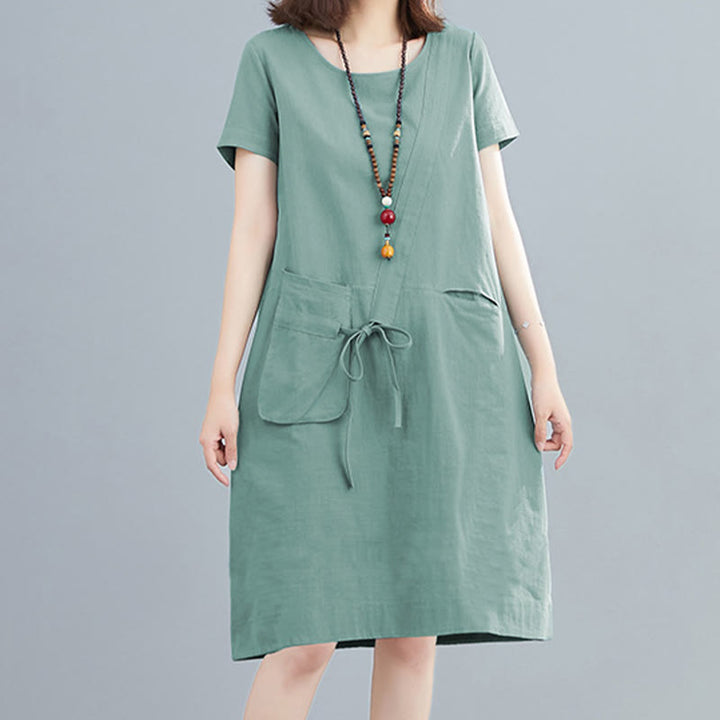 Vestido midi informal de verano con cuello redondo, manga corta, de lino y algodón, con cordones y bolsillos , de Buddha Stones - image 17
