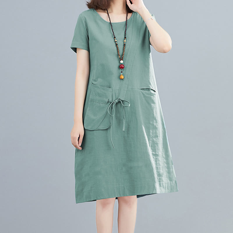 Vestido midi informal de verano con cuello redondo, manga corta, de lino y algodón, con cordones y bolsillos , de Buddha Stones - Aguamarina medio - US8-10，UK/AU12-14，EU40-42 (2XL) - image 16