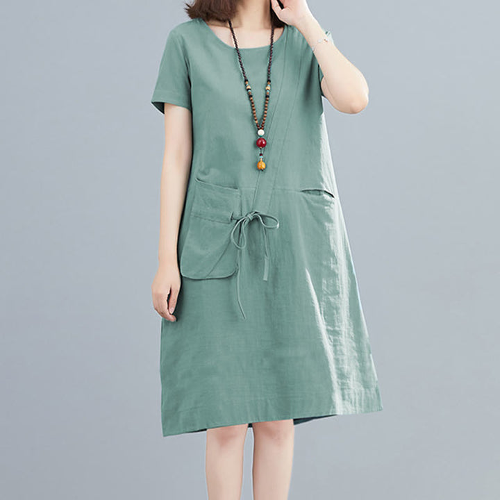 Vestido midi informal de verano con cuello redondo, manga corta, de lino y algodón, con cordones y bolsillos , de Buddha Stones - Aguamarina medio - US8-10，UK/AU12-14，EU40-42 (2XL) - image 16