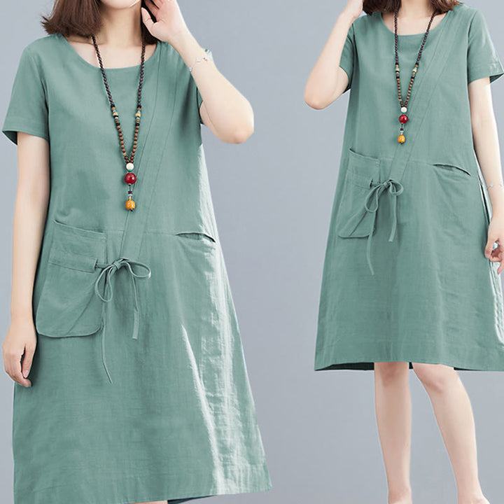 Vestido midi informal de verano con cuello redondo, manga corta, de lino y algodón, con cordones y bolsillos , de Buddha Stones - image 20