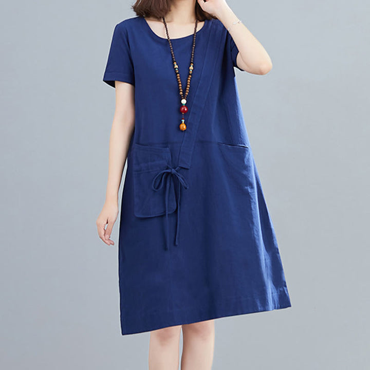 Vestido midi informal de verano con cuello redondo, manga corta, de lino y algodón, con cordones y bolsillos , de Buddha Stones - Azul medio - US8-10，UK/AU12-14，EU40-42 (2XL) - image 21