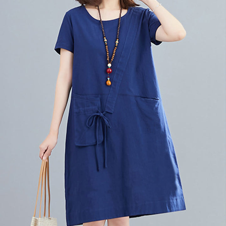 Vestido midi informal de verano con cuello redondo, manga corta, de lino y algodón, con cordones y bolsillos , de Buddha Stones - image 22