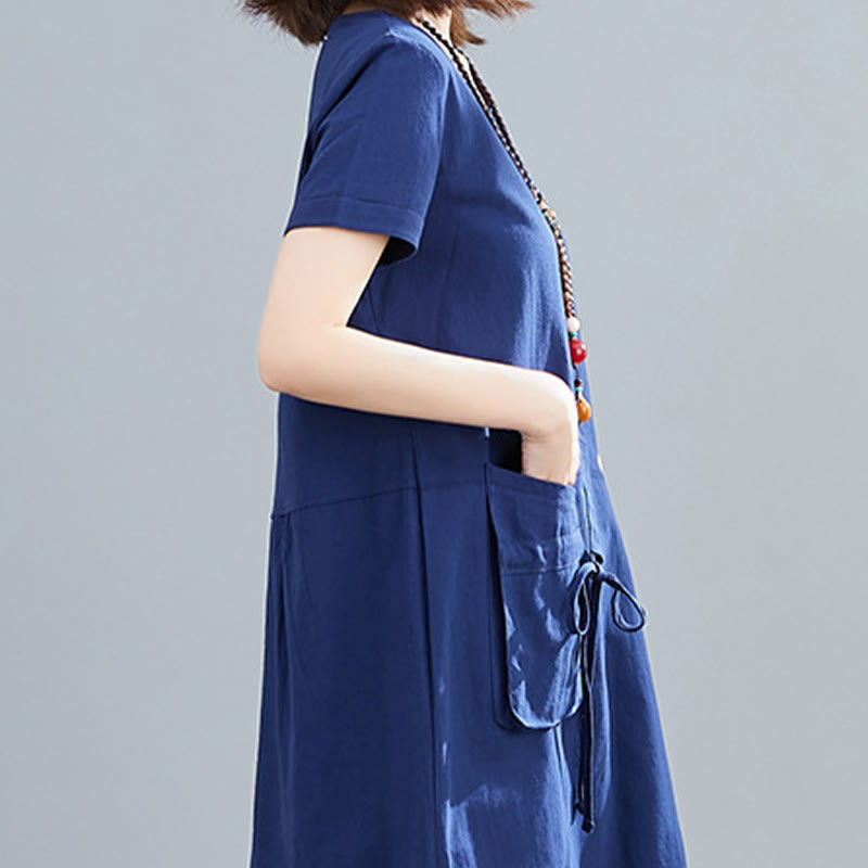 Vestido midi informal de verano con cuello redondo, manga corta, de lino y algodón, con cordones y bolsillos , de Buddha Stones - image 23