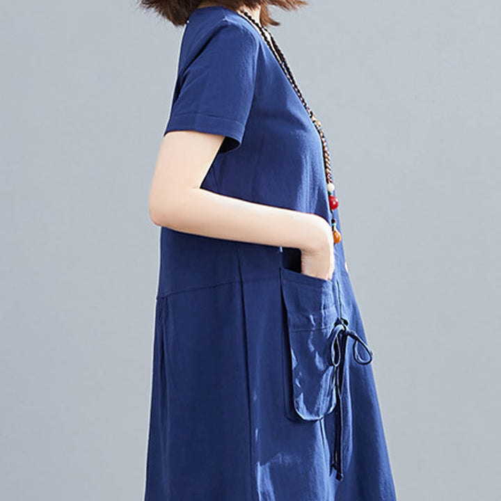 Vestido midi informal de verano con cuello redondo, manga corta, de lino y algodón, con cordones y bolsillos , de Buddha Stones - image 23