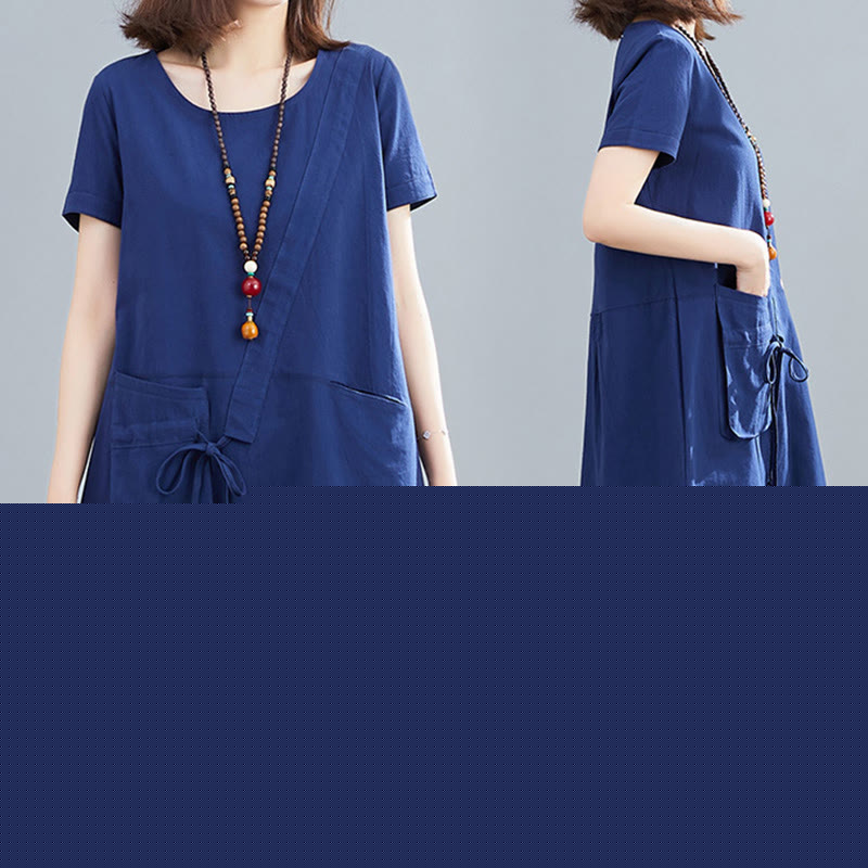 Vestido midi informal de verano con cuello redondo, manga corta, de lino y algodón, con cordones y bolsillos , de Buddha Stones - image 25