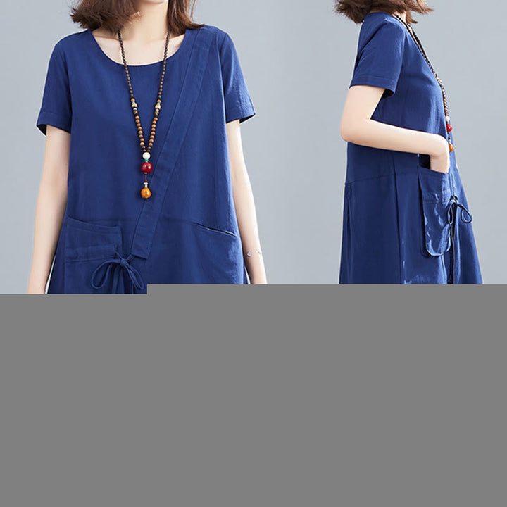Vestido midi informal de verano con cuello redondo, manga corta, de lino y algodón, con cordones y bolsillos , de Buddha Stones - image 25