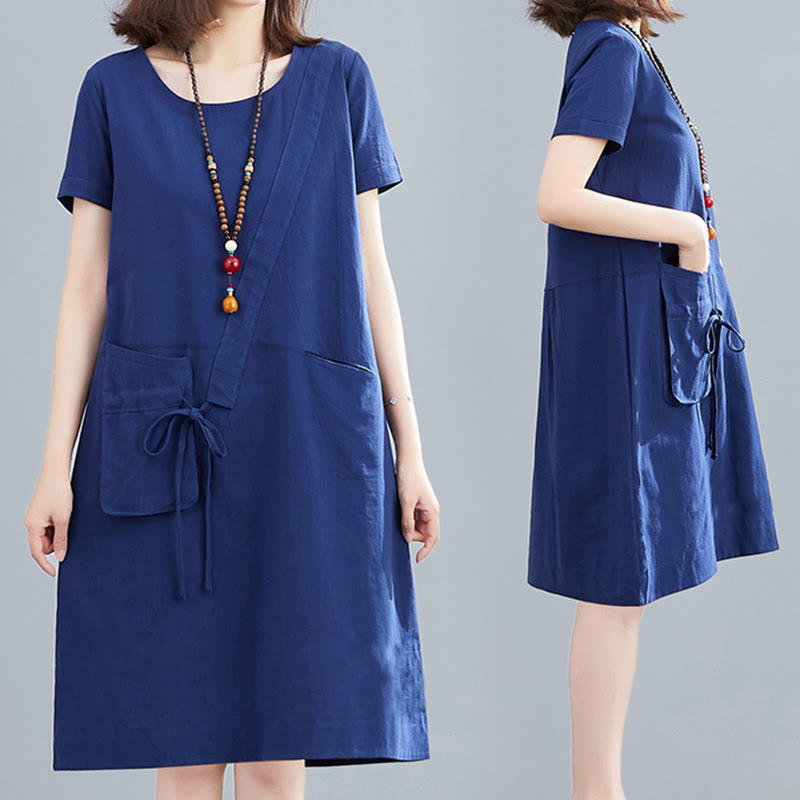 Vestido midi informal de verano con cuello redondo, manga corta, de lino y algodón, con cordones y bolsillos , de Buddha Stones - image 25